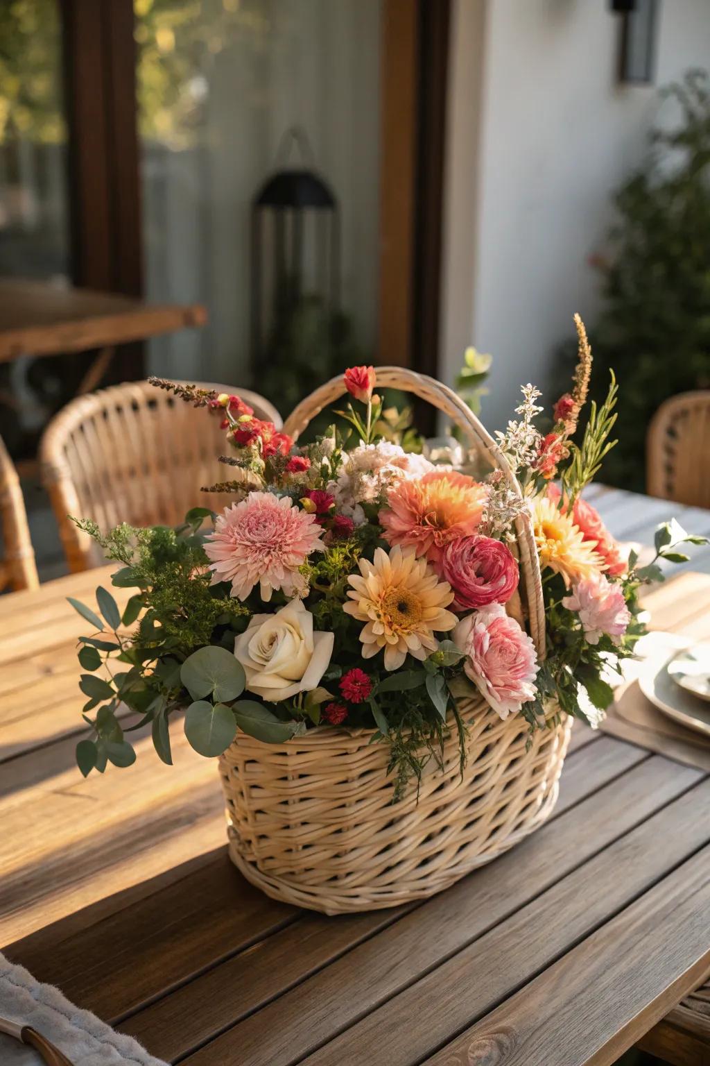 A wicker basket bursting with vibrant flowers adds a natural touch to the dining area.