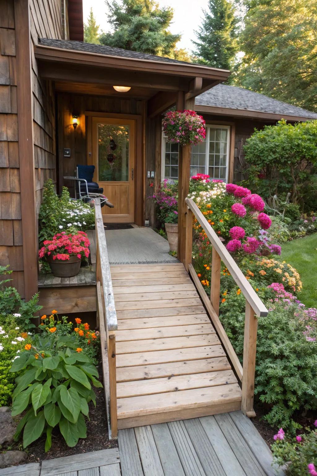 A wood ramp that adds warmth and a natural touch to a rustic home.