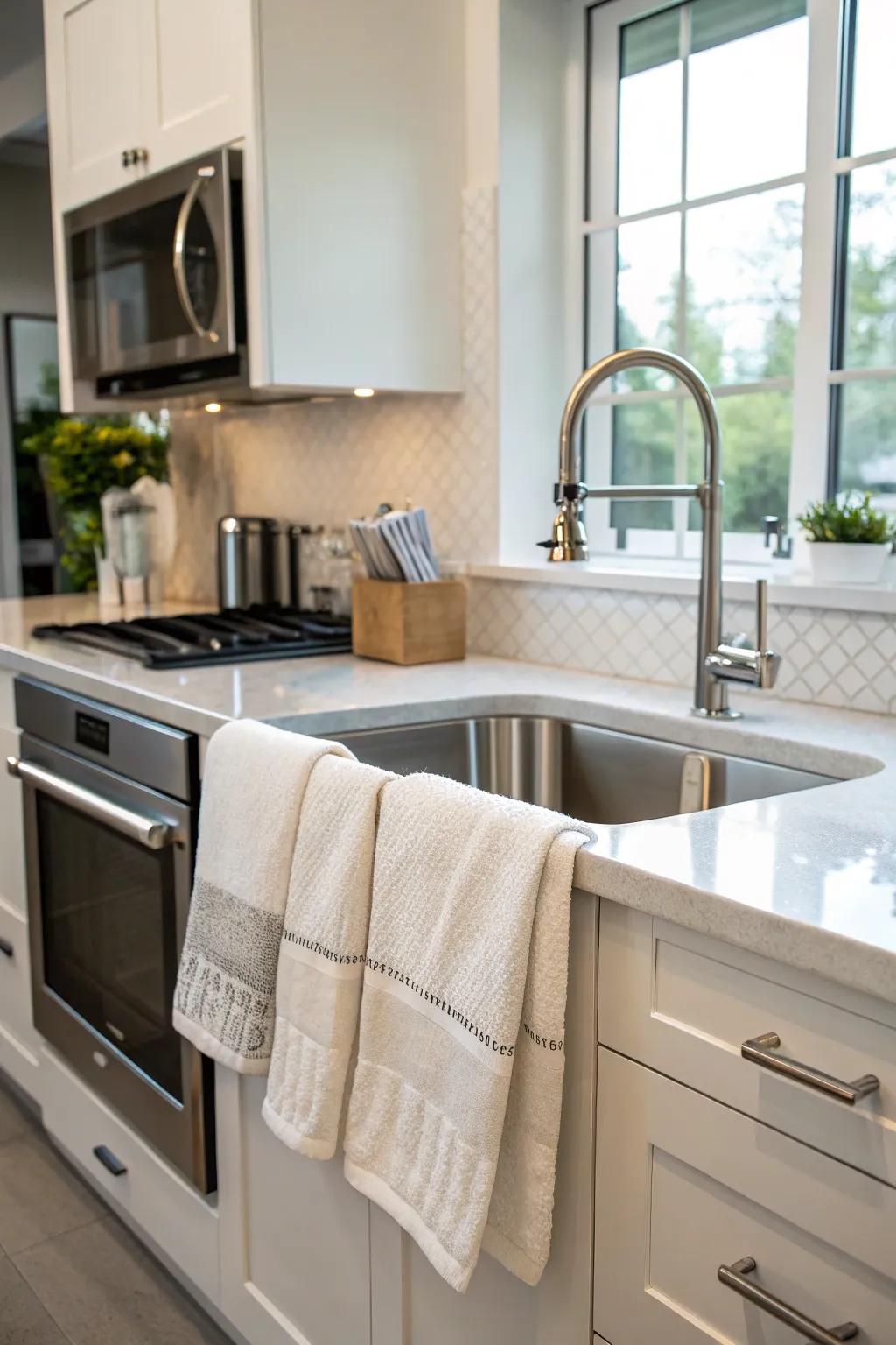 Hang your linens above the sink for convenience as you cook.