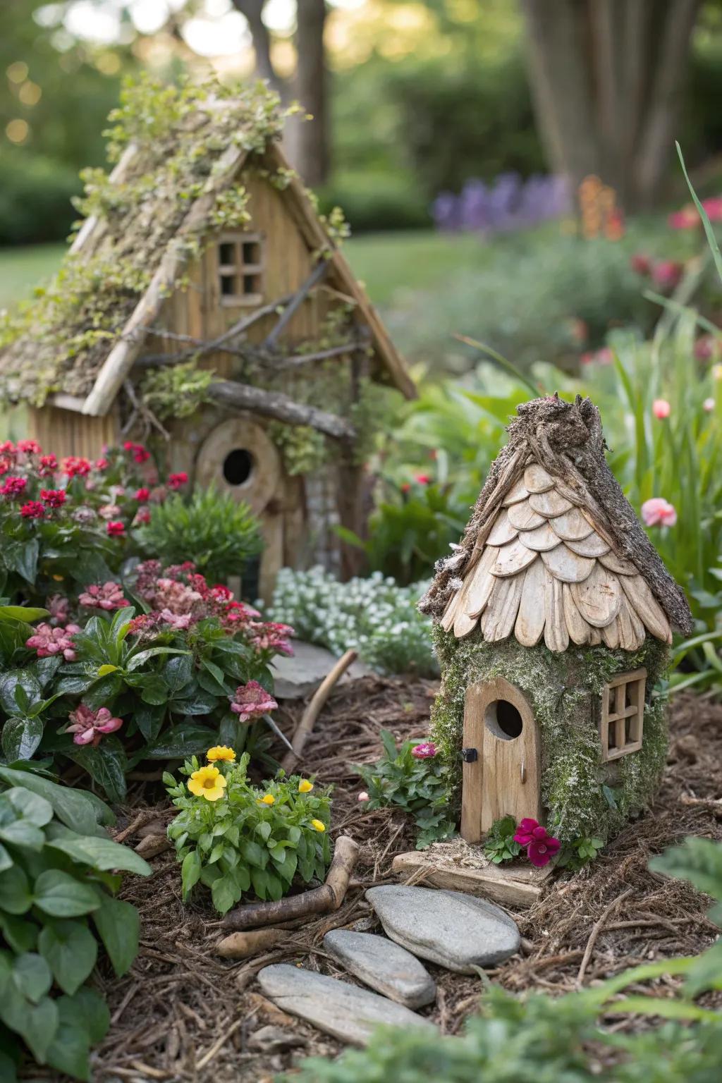 Small fairy houses contribute to a magical ambiance in any garden setting.