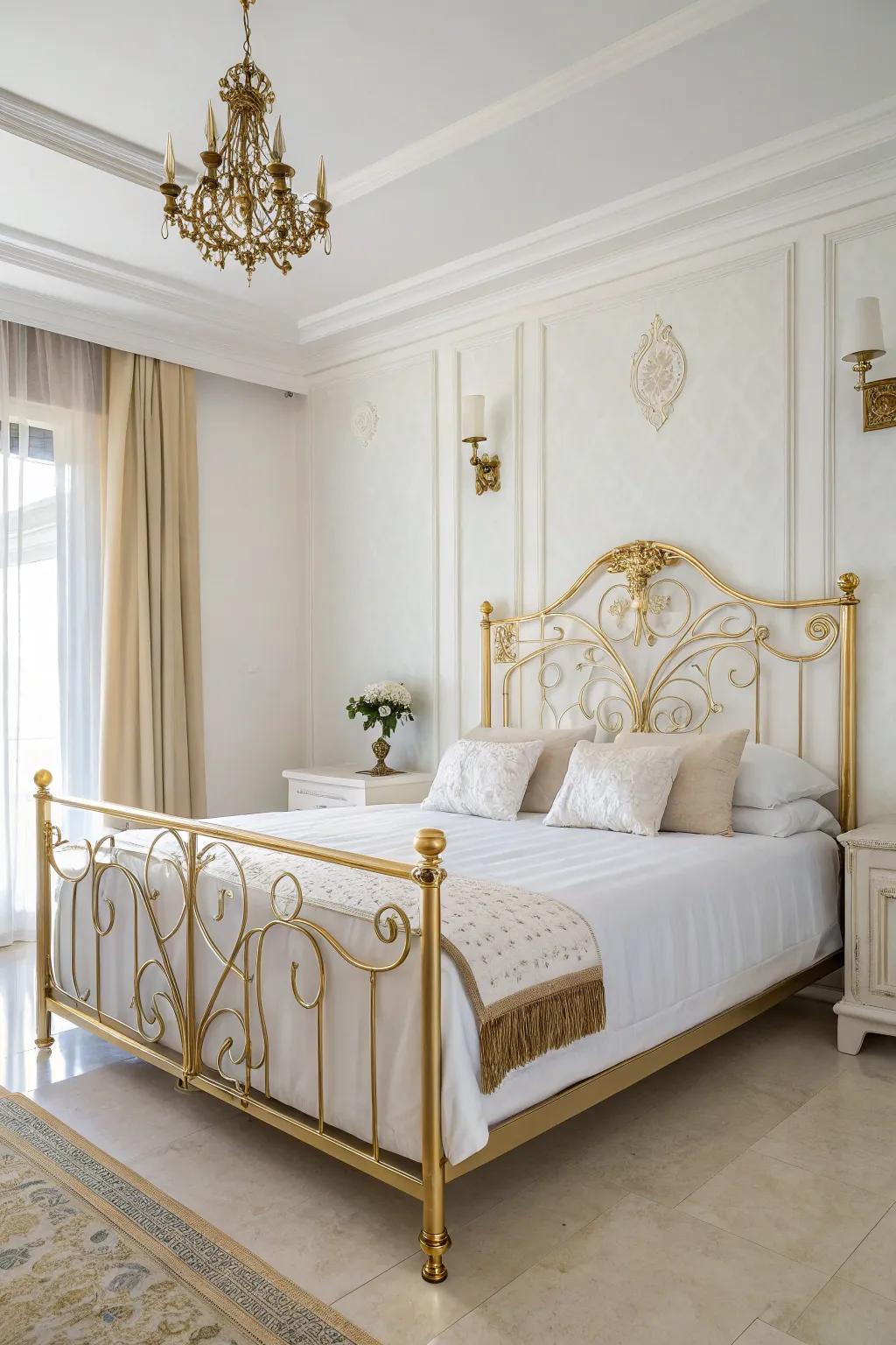 A classic white and gold bedroom exudes timeless elegance.