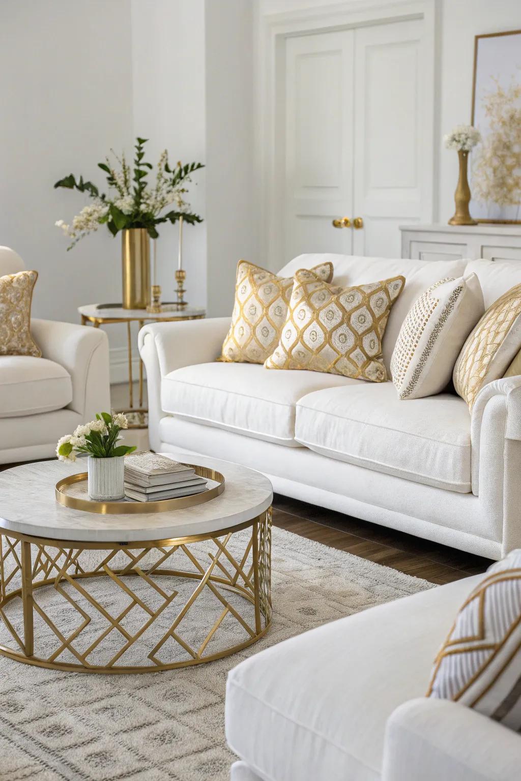 Luxurious white sofas enhanced by gold accents establish a tone of opulence.