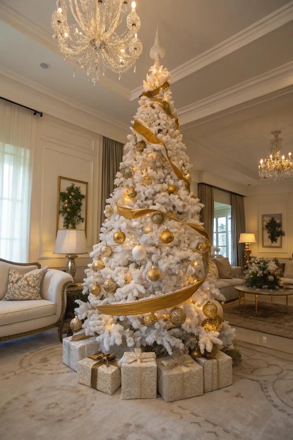 A classically decorated white and gold Christmas tree that oozes refinement.