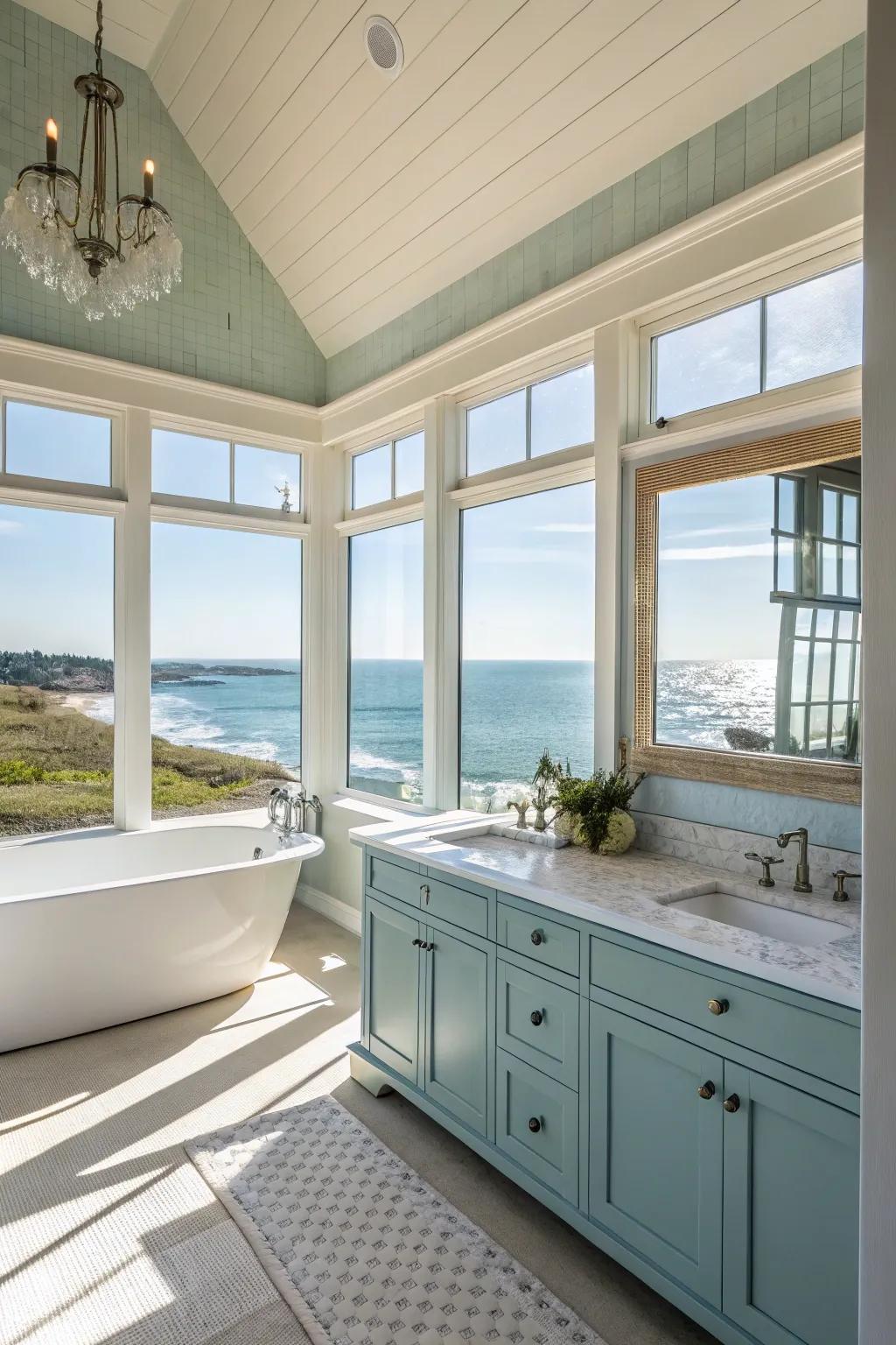 Generous natural light enhances the airy ambiance of a coastal-themed bathroom.