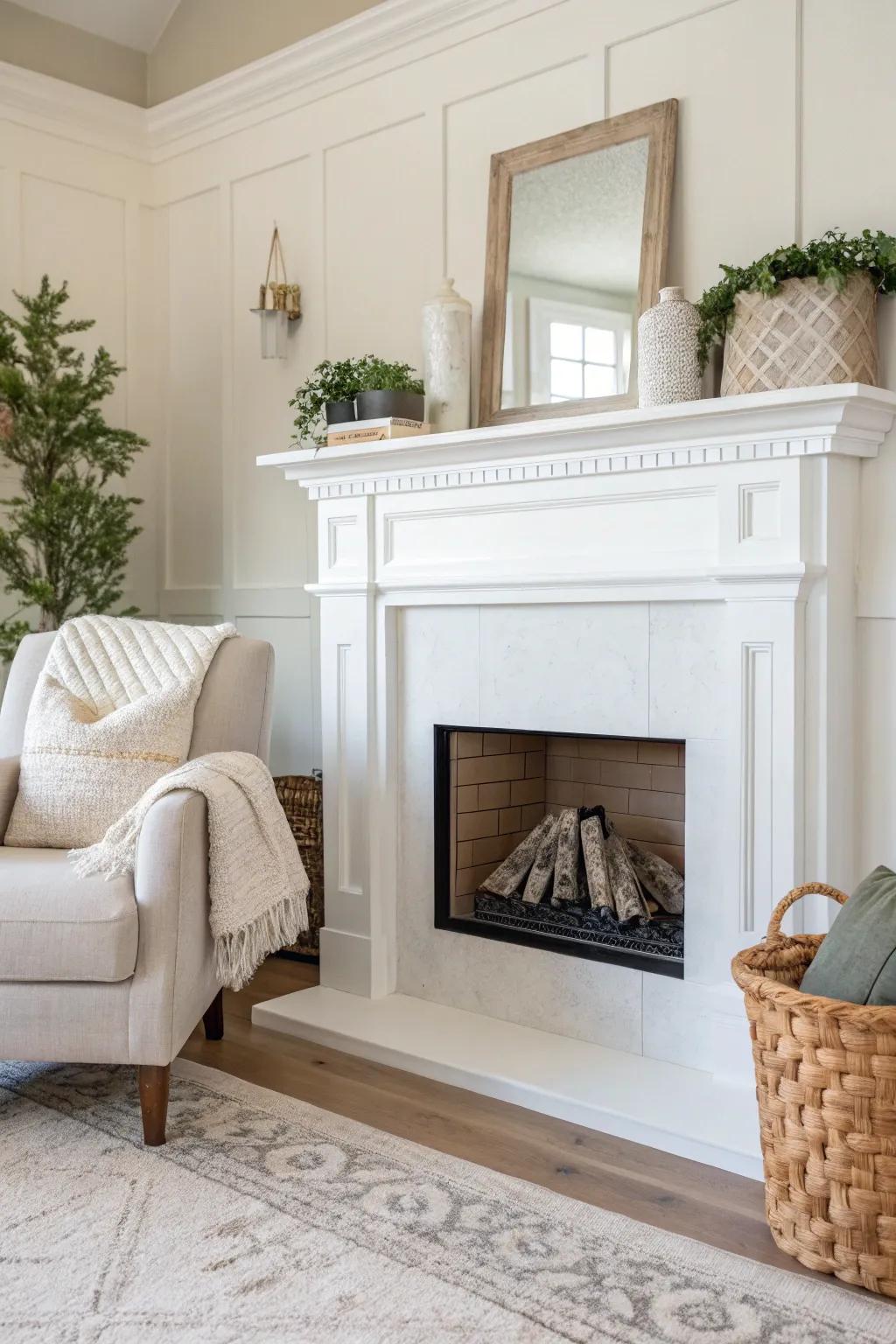 A simple, elegant white fireplace embodying minimalist design principles.