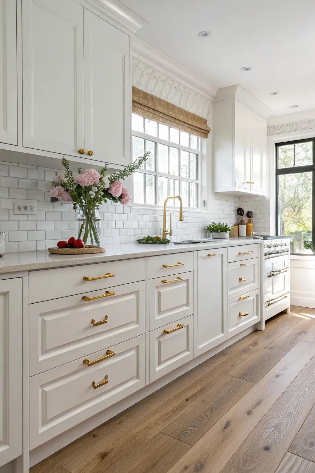 Elegant brass handles highlighting the warmth of a white kitchen.