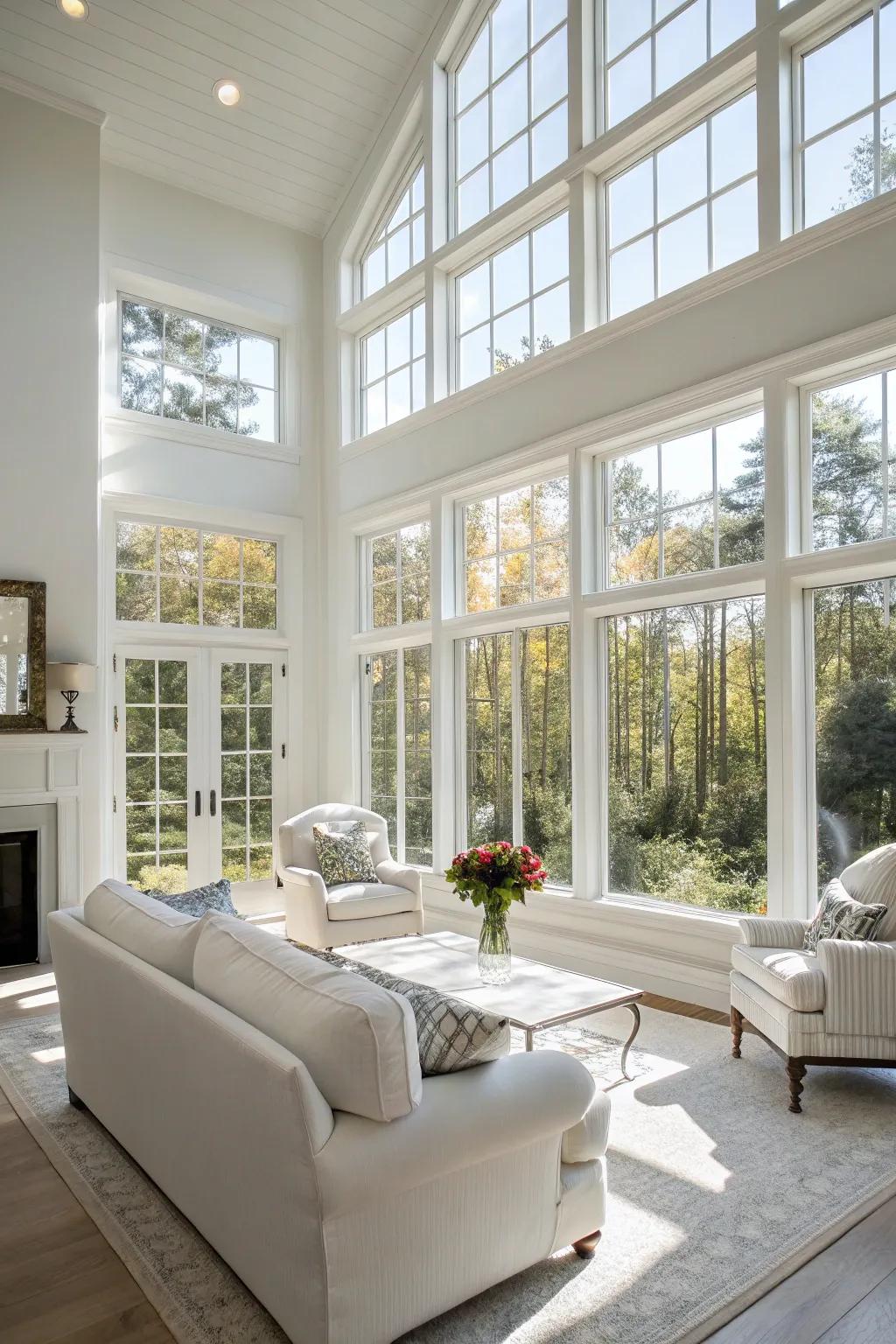 Sunlight elevates the elegance of a white living space.