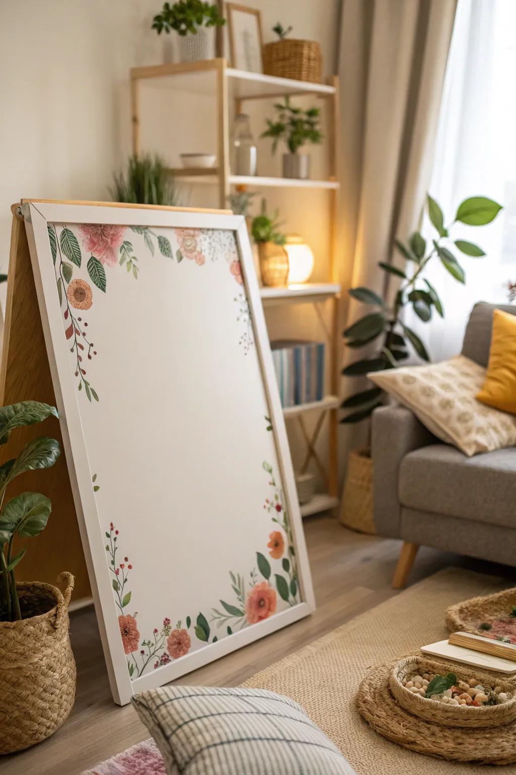 A whiteboard framed with floral elements, introducing a natural vibe to the space.