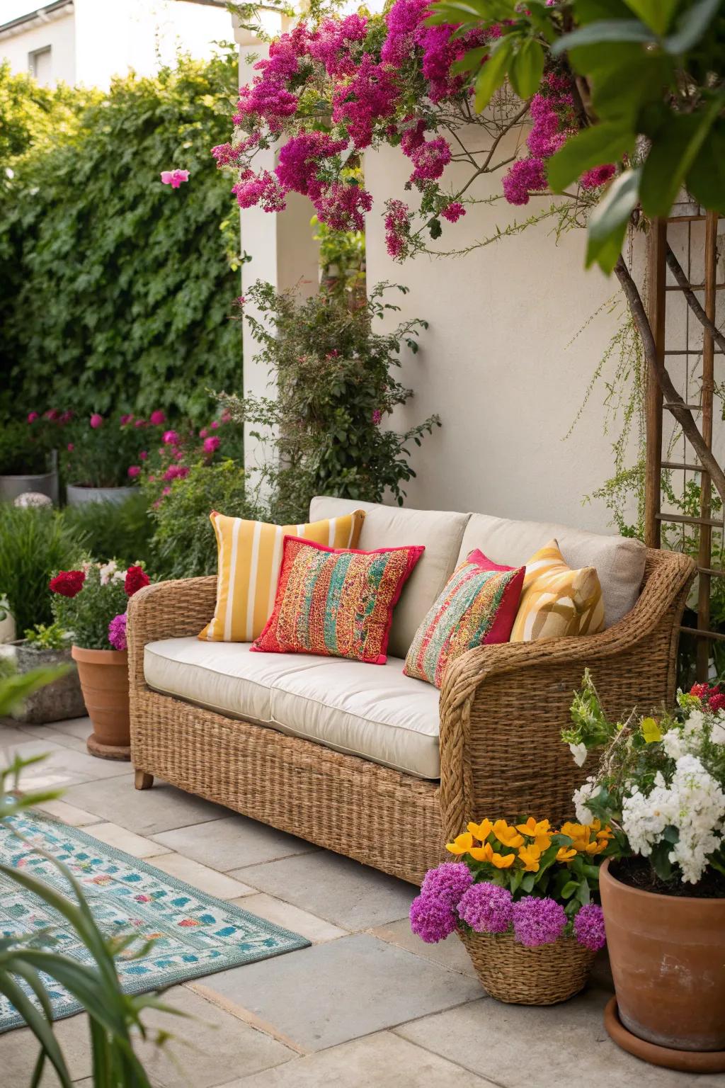 A welcoming outdoor lounge showcasing vibrant wicker furnishings.