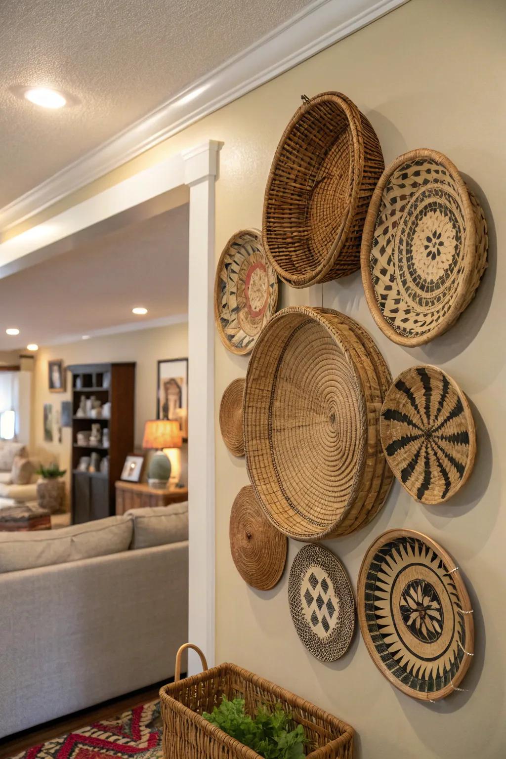Craft a captivating centerpiece using woven basket wall art.