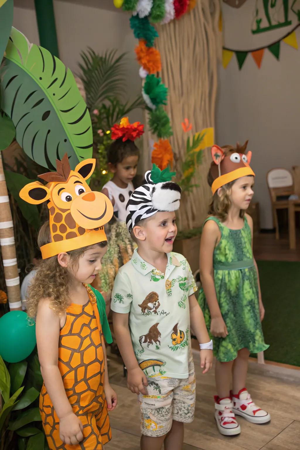Children changing into untamed creatures using playful forest headwear.