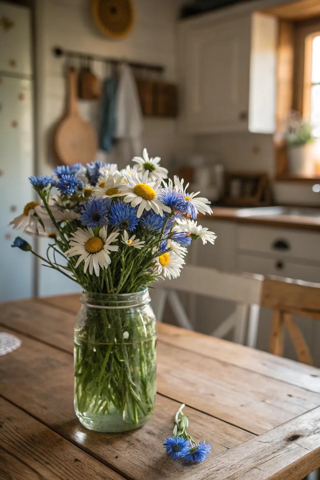 A basic preserving jar morphs into a charming point of focus with wildflowers.