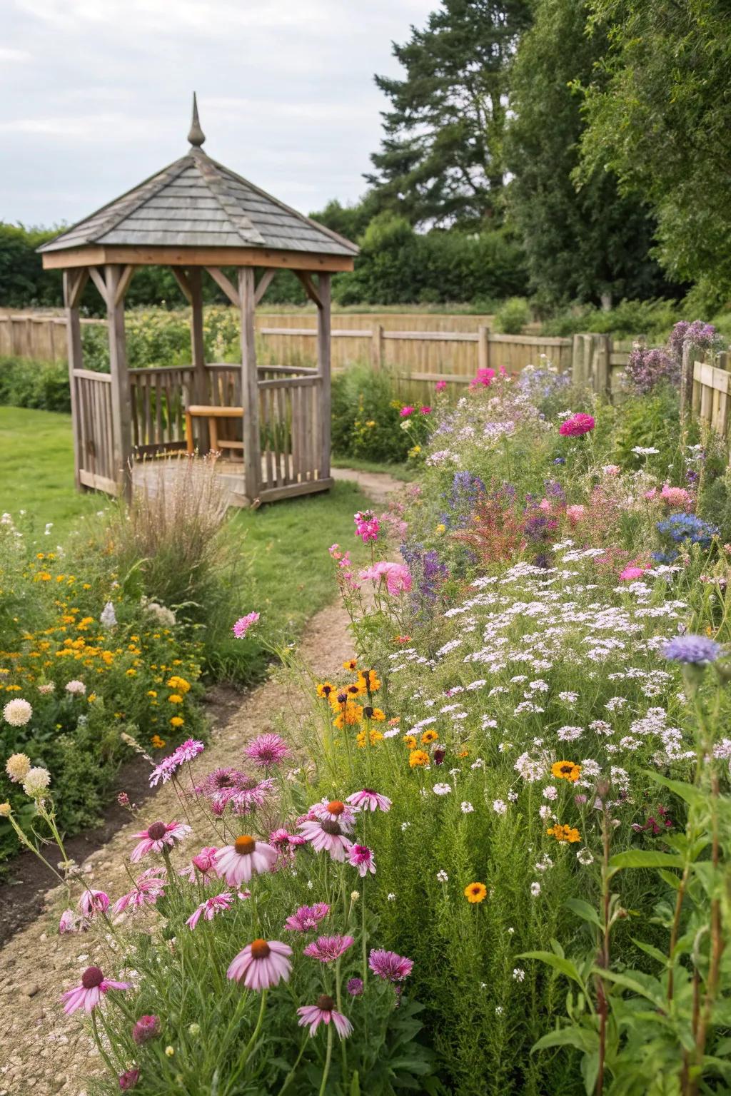 A classic-style garden decorated with different types of wildflowers.