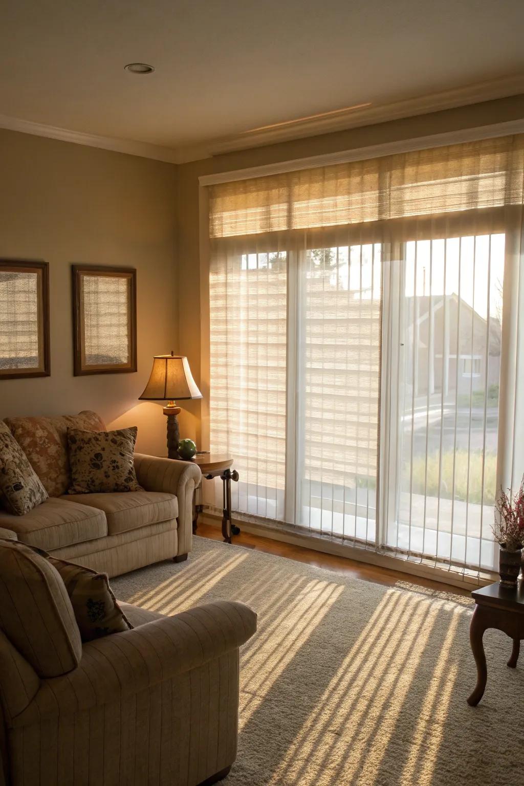 Diaphanous shades diffusing a gentle luminosity across a snug living space.