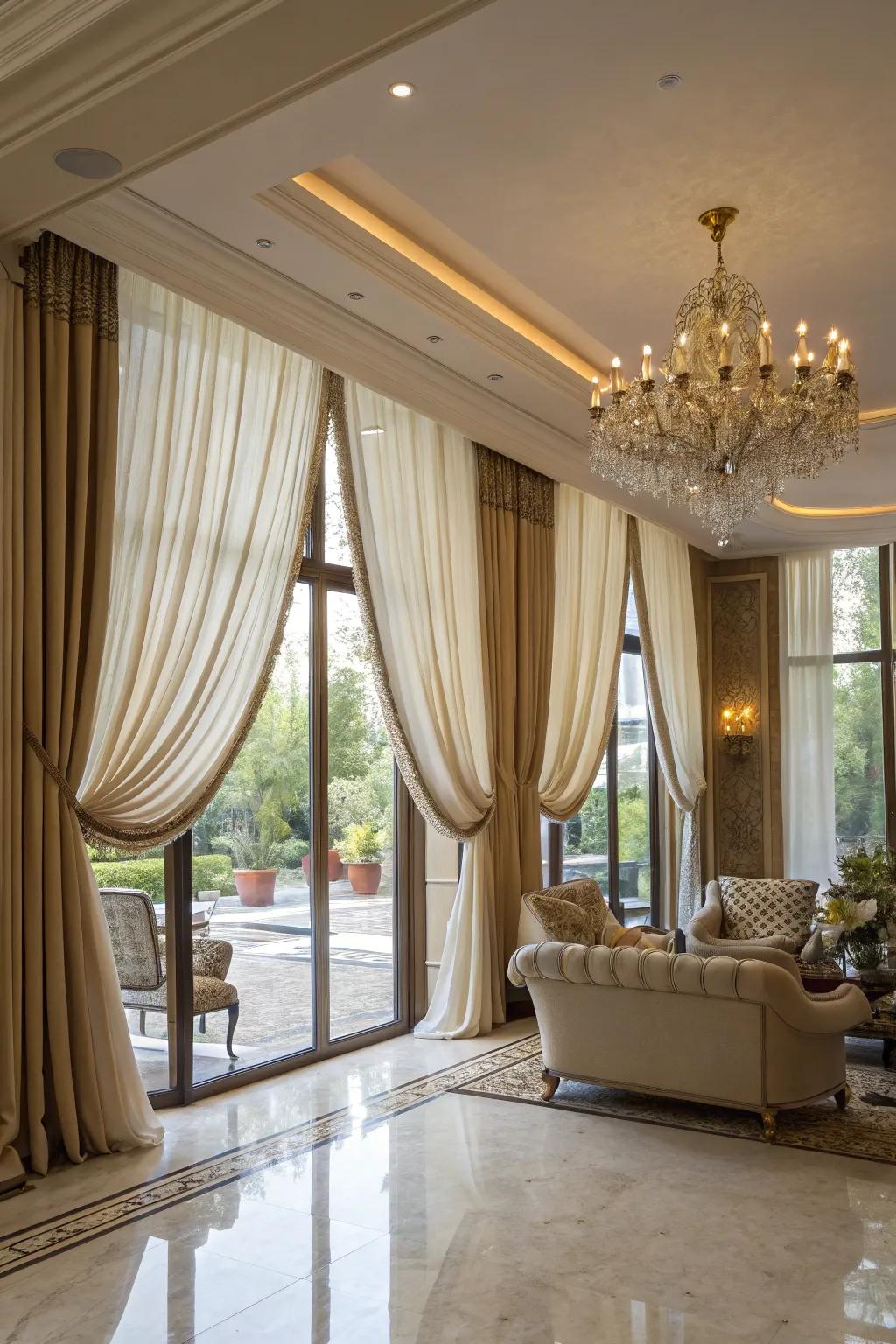Floor-to-ceiling curtains add a dramatic touch to large windows.