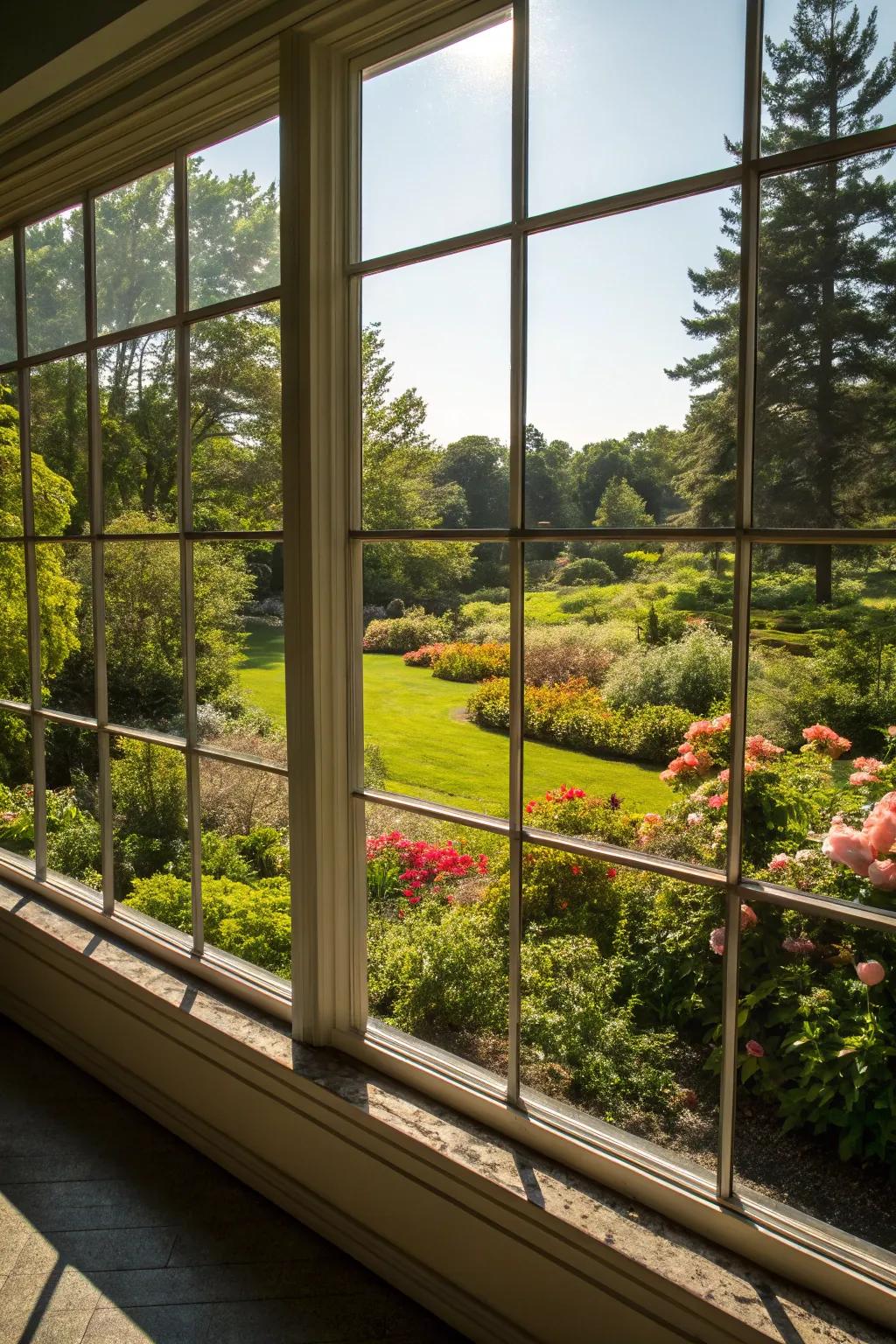 A grand window presenting a breathtaking panoramic vista of a vibrant garden.