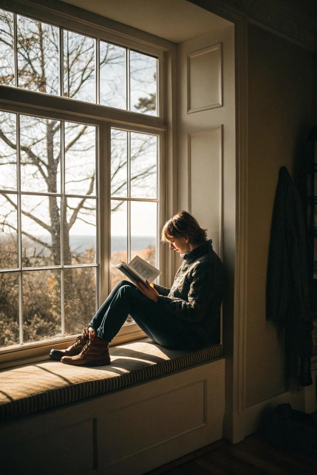 A window seat bathed in natural light, ideal for reading.