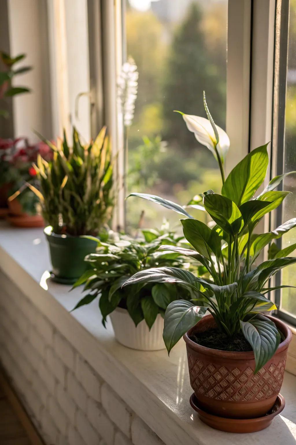 A window sill turned into a small green escape filled with succulents and a peace lily.