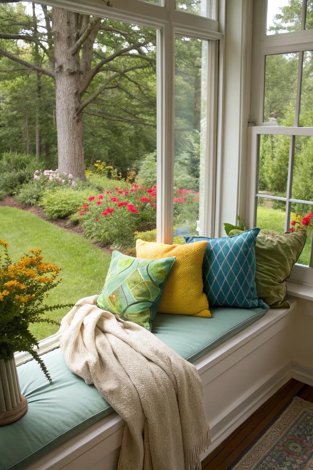 Layered cushions contribute comfort and elegance to your window relaxation area.