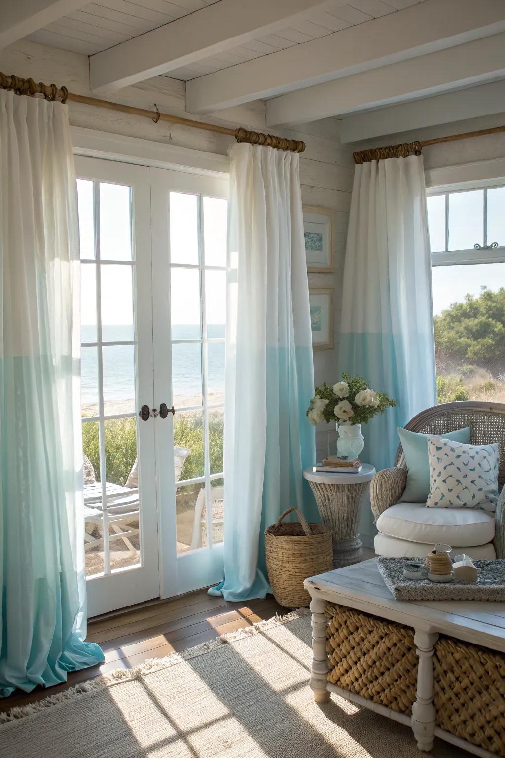Capture a seaside vibe using airy, light-colored curtains.