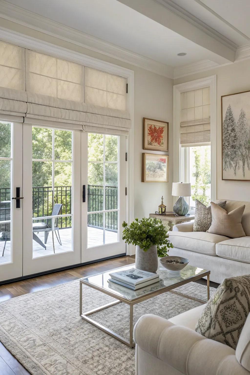 Roman shades bring a refined touch to French doors.