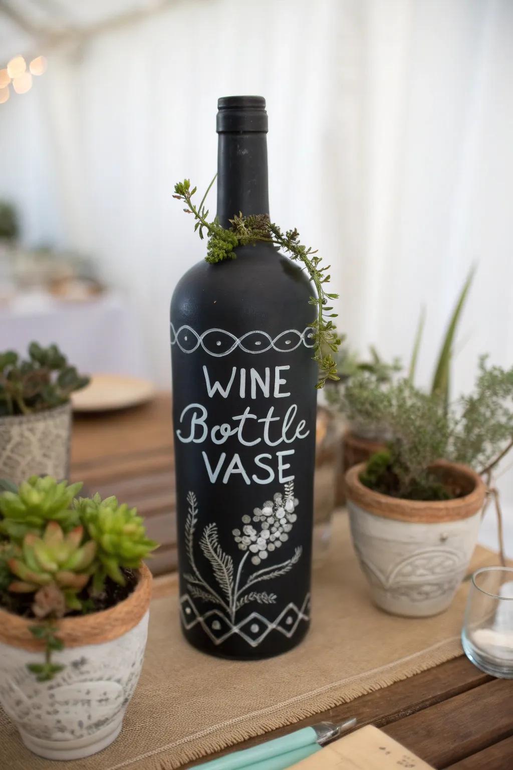 A blackboard-painted grape juice container becomes a message-ready vase.
