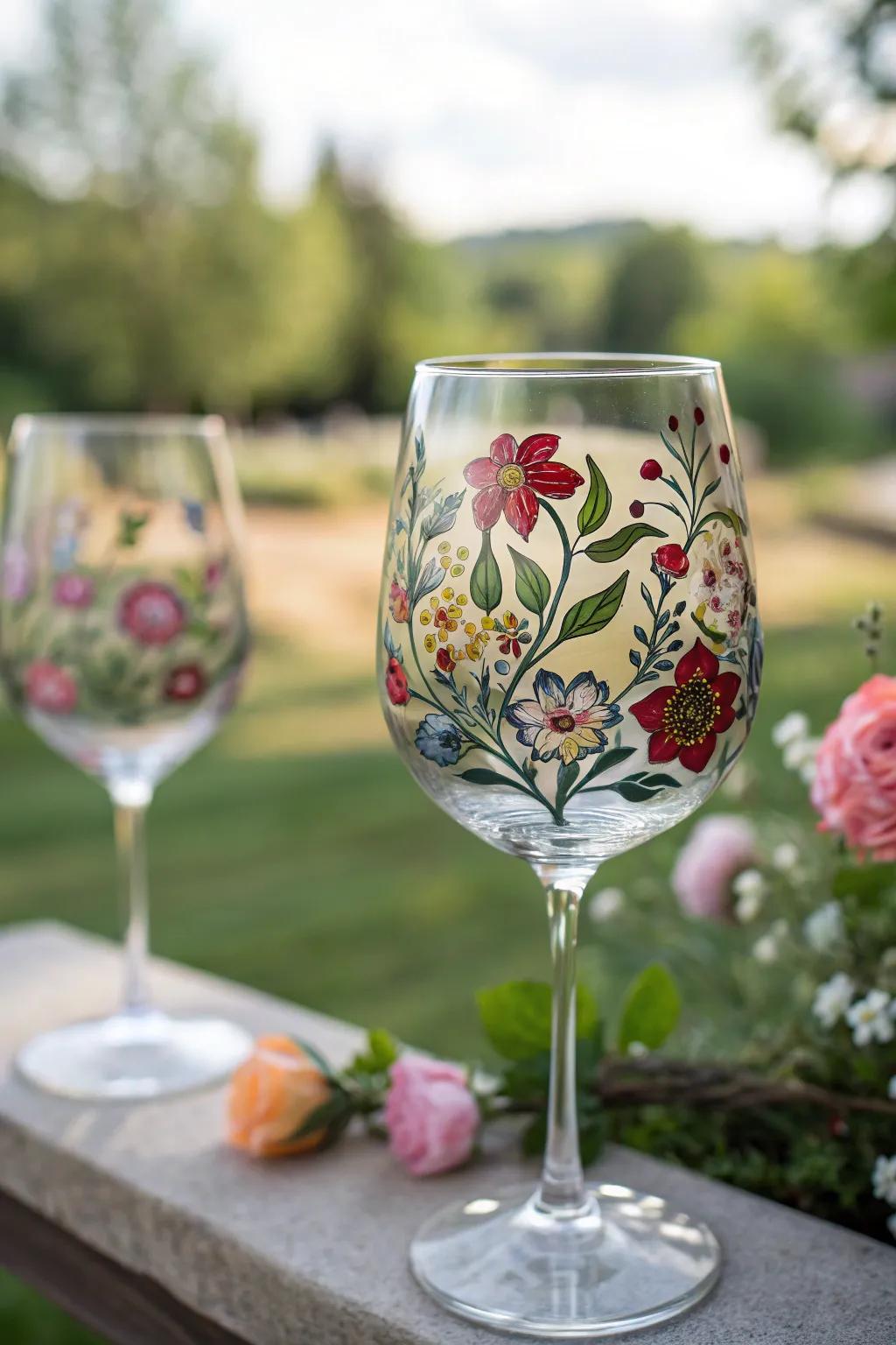 A hand-painted floral wine glass encapsulating the freshness of spring.