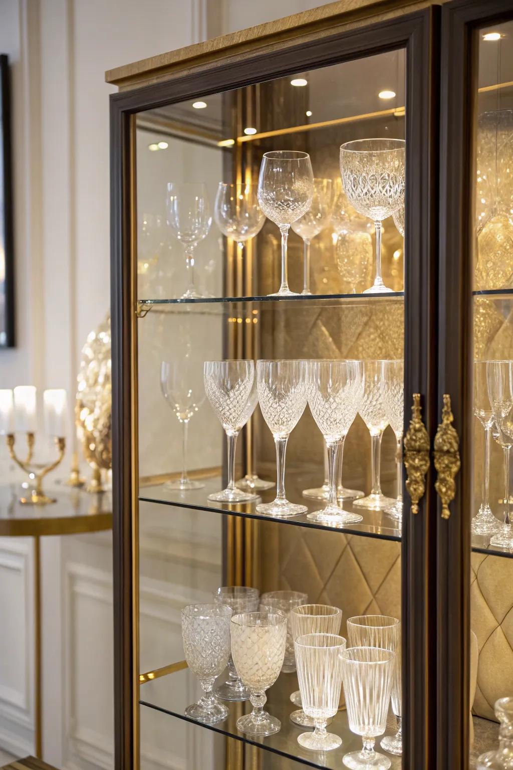 A sophisticated glass enclosure displaying a selection of wine glasses.