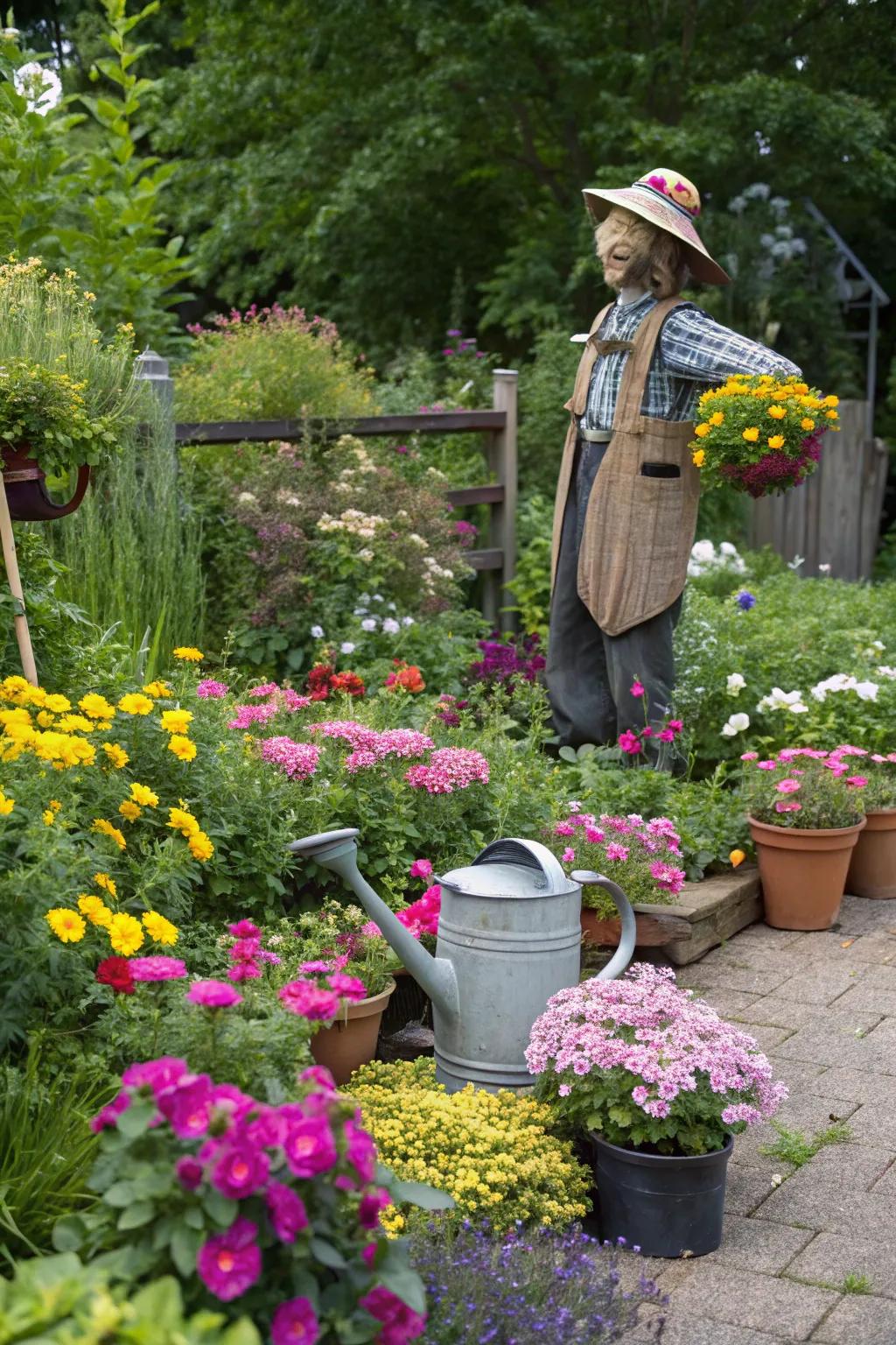 A scarecrow hosting a garden party surrounded by blooming flowers.