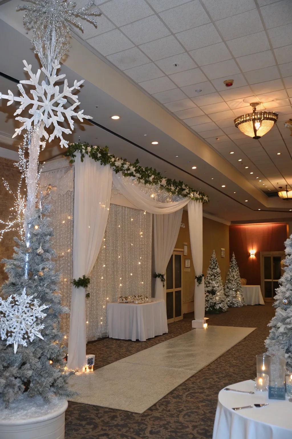 A serene frosted scene baby shower theme featuring ice crystal decorations and silver highlights.