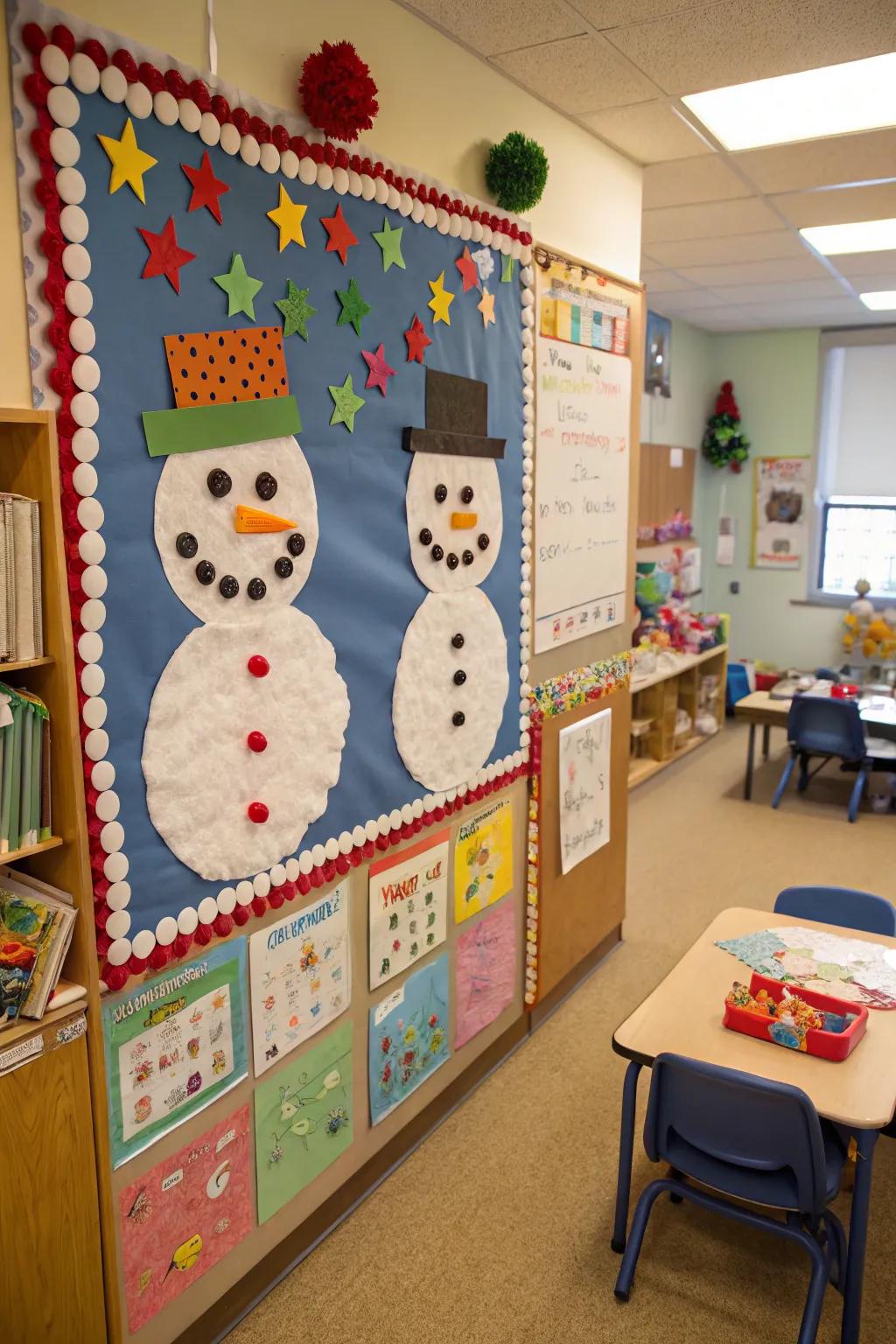 Self-made snow figures infuse winter enchantment into the preschool bulletin board.