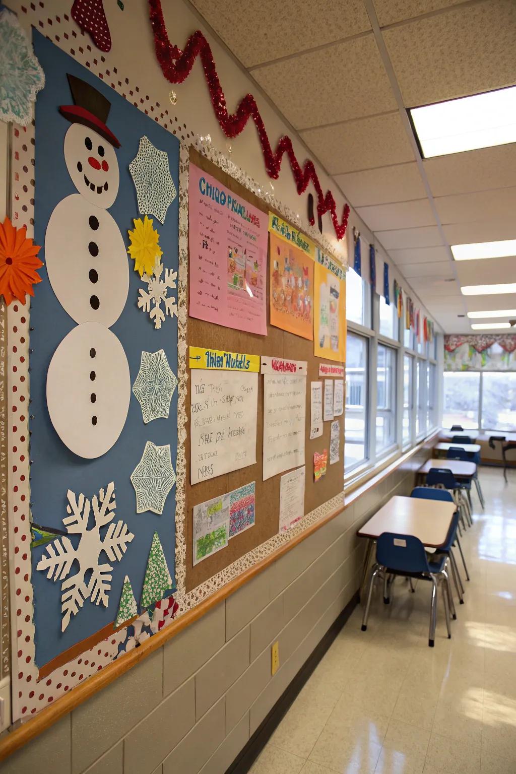 A playful display of snowmen and snowflakes gives the classroom a chilly appeal.