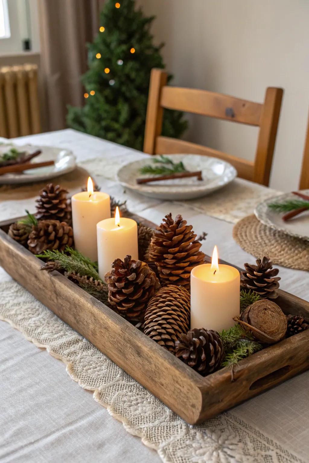 A cozy glow with woodland cones and pillar.