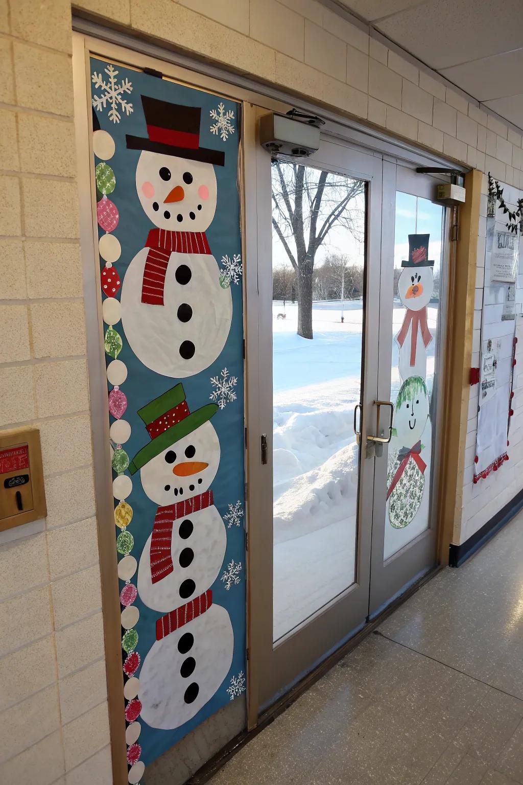 Student-made snowmen bring life to this winter door decoration