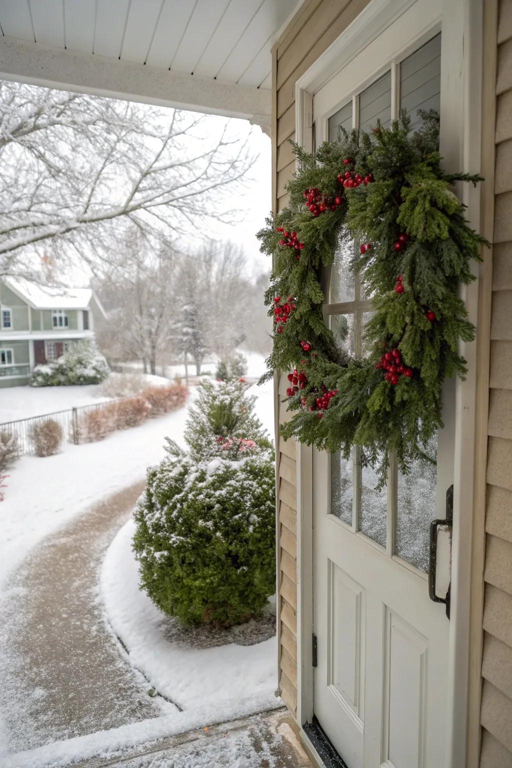 An entryway decorated with a vibrant evergreen circle, a winter delight.
