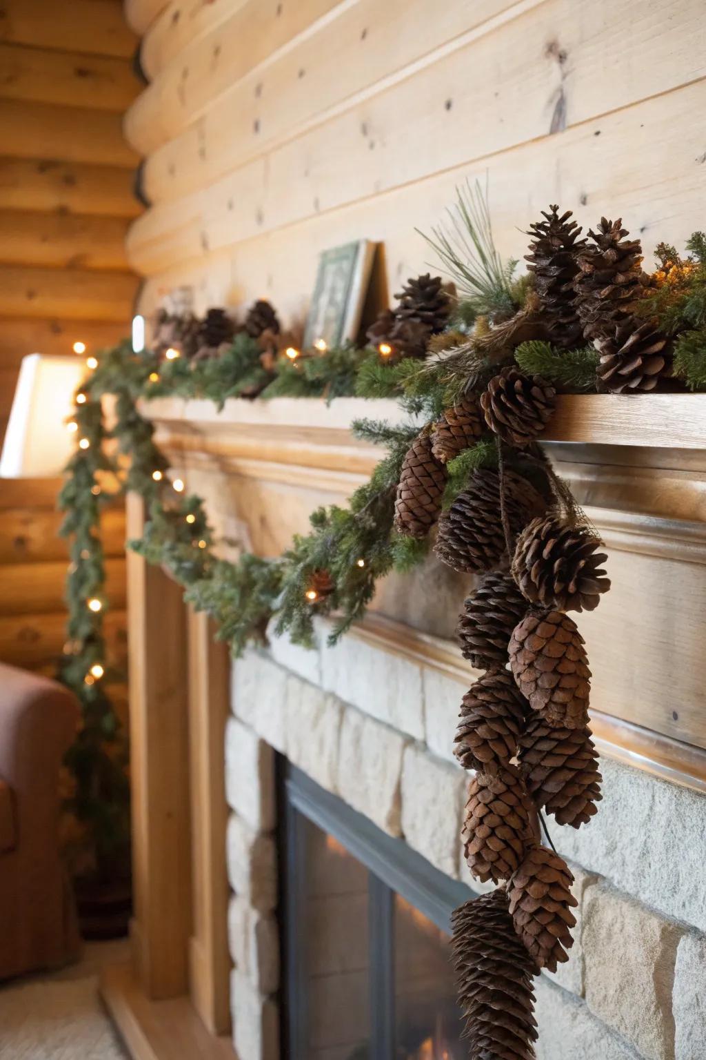 A beautifully arranged pine cone garland gracefully decorates a fireplace mantel.