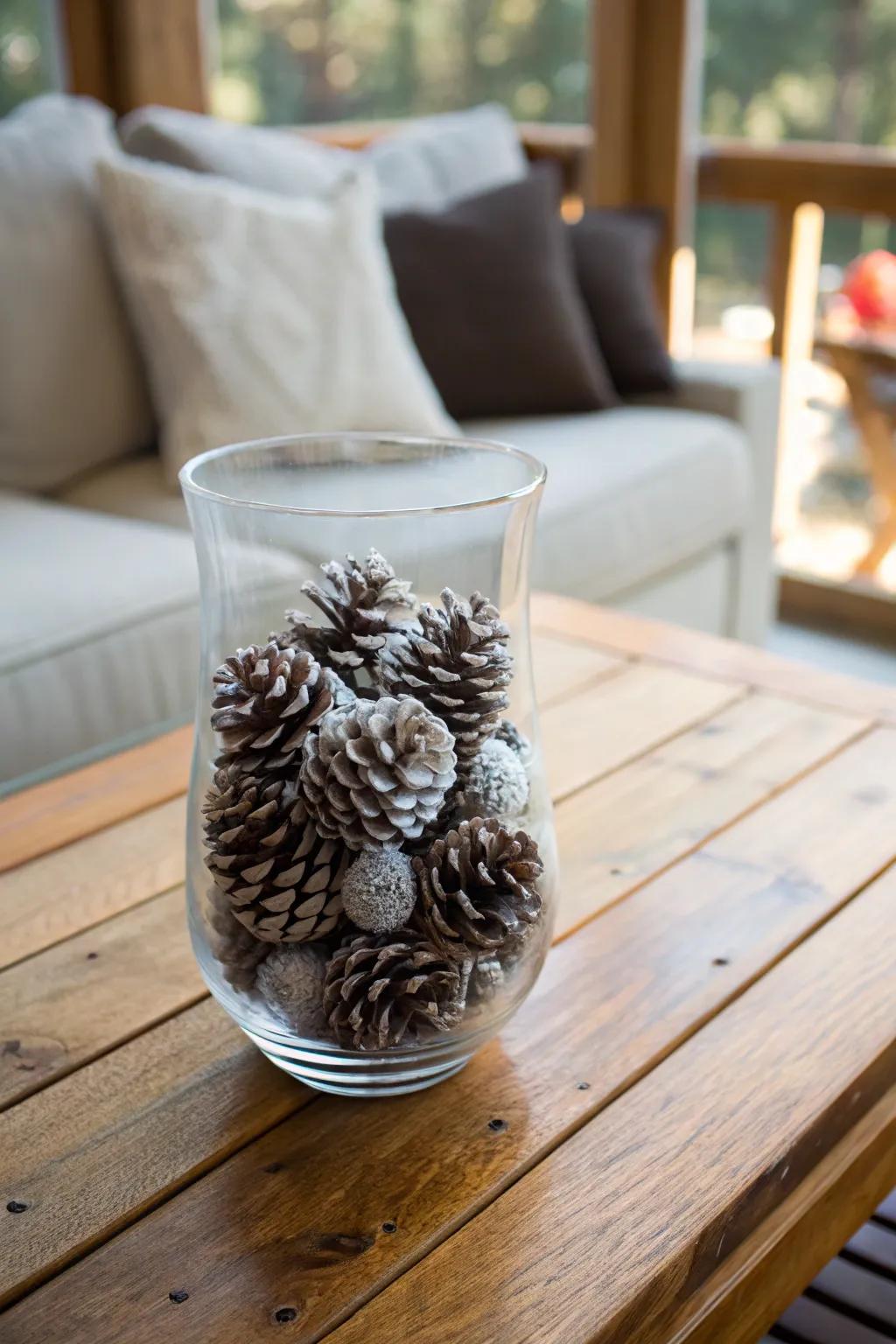 Crystallized fir cones impart a refined winter touch to any area.