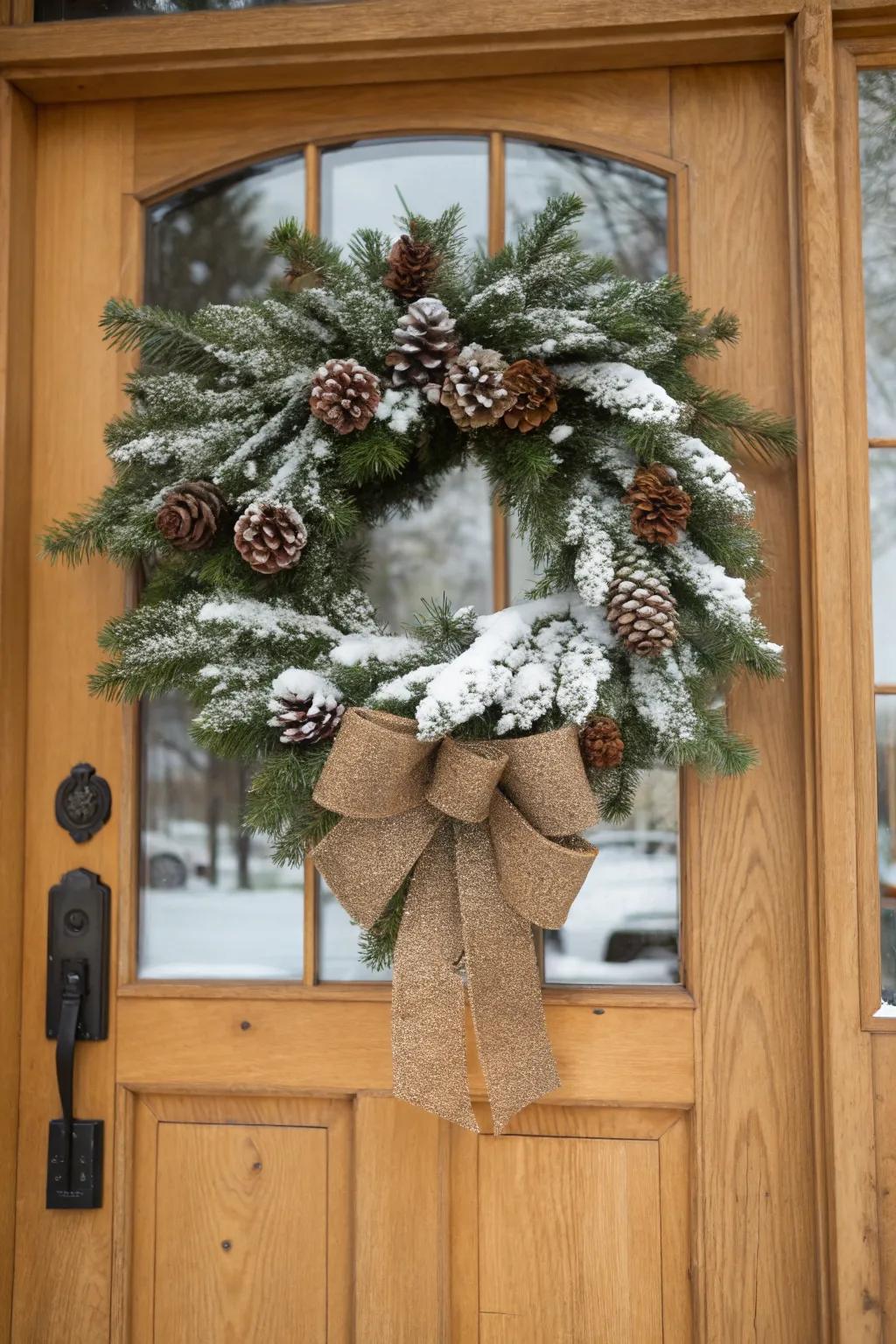 A quintessential snow-covered garland lends elegance to any doorway.