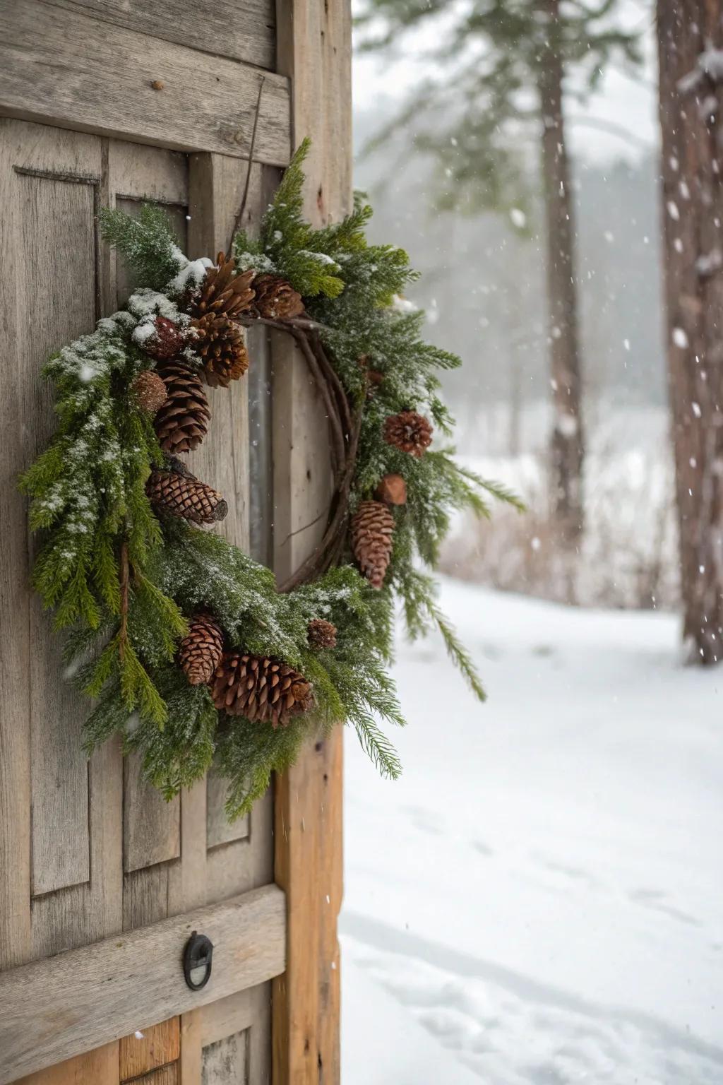 Transfer the allure of the forest onto your door with this arrangement of pinecones and evergreens.