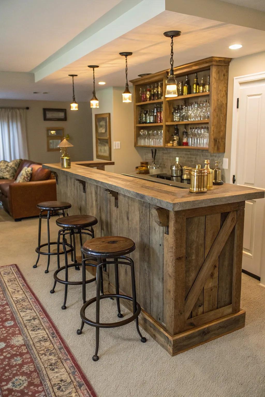 A bar constructed from salvaged lumber, providing a cozy and welcoming vibe.
