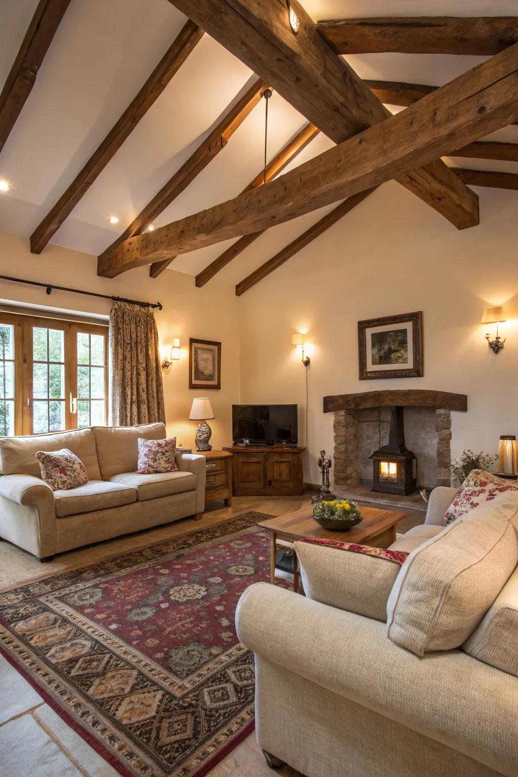Countryside elegance with visible timber supports and welcoming decorations.