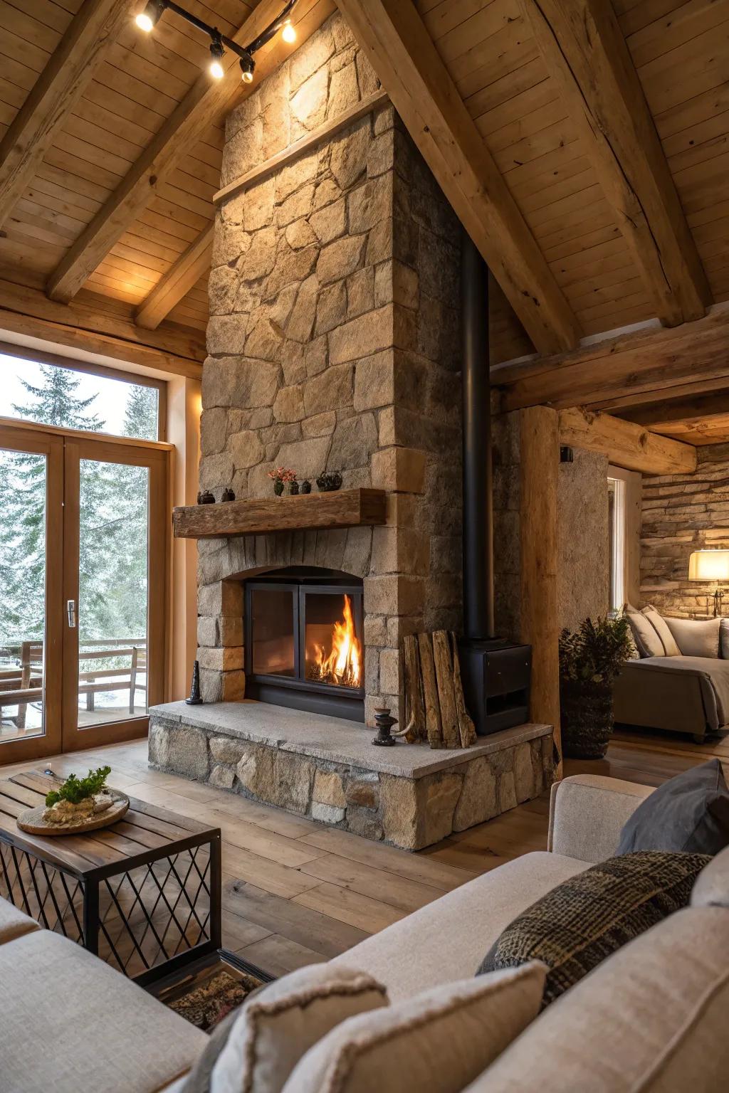 An earthy stone surround creates a naturally inviting atmosphere.