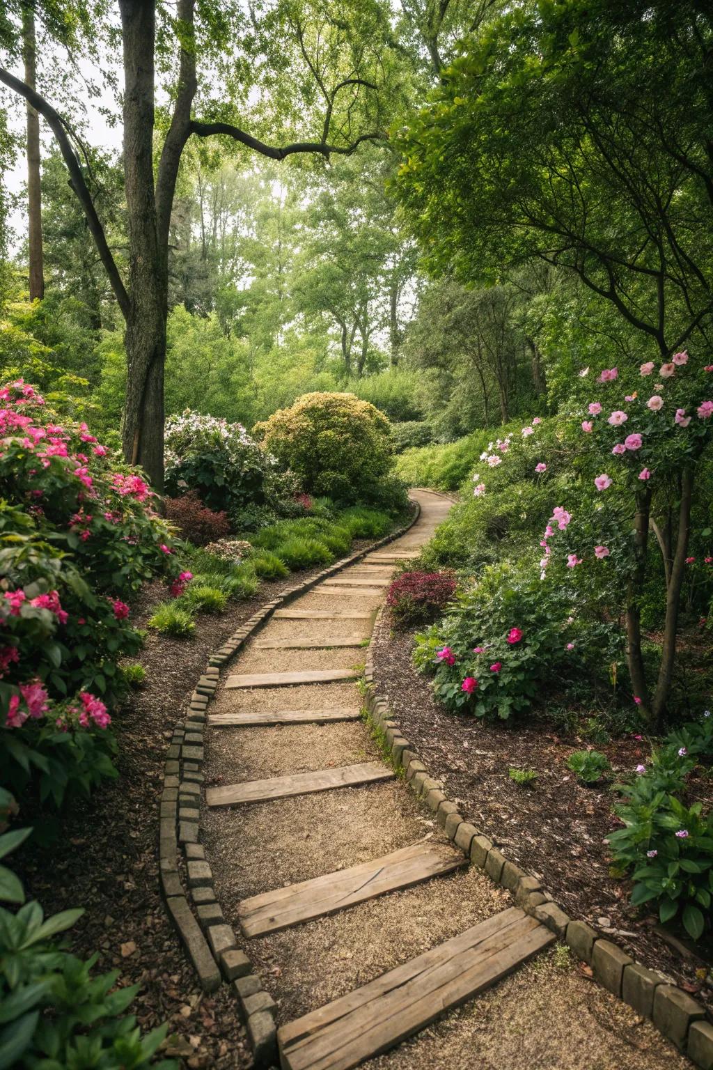 Rustic timber fragment trails encourage discovery and contribute charm to any garden setting.