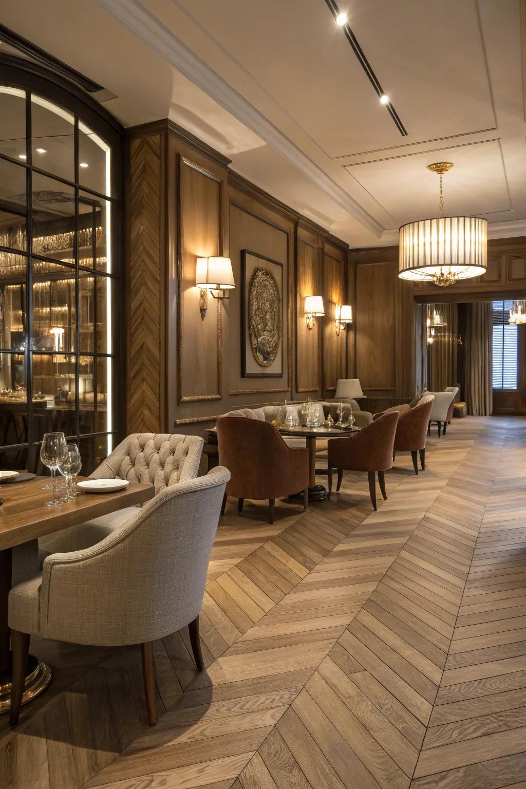 Traditional chevron wood flooring featured within a polished interior environment.