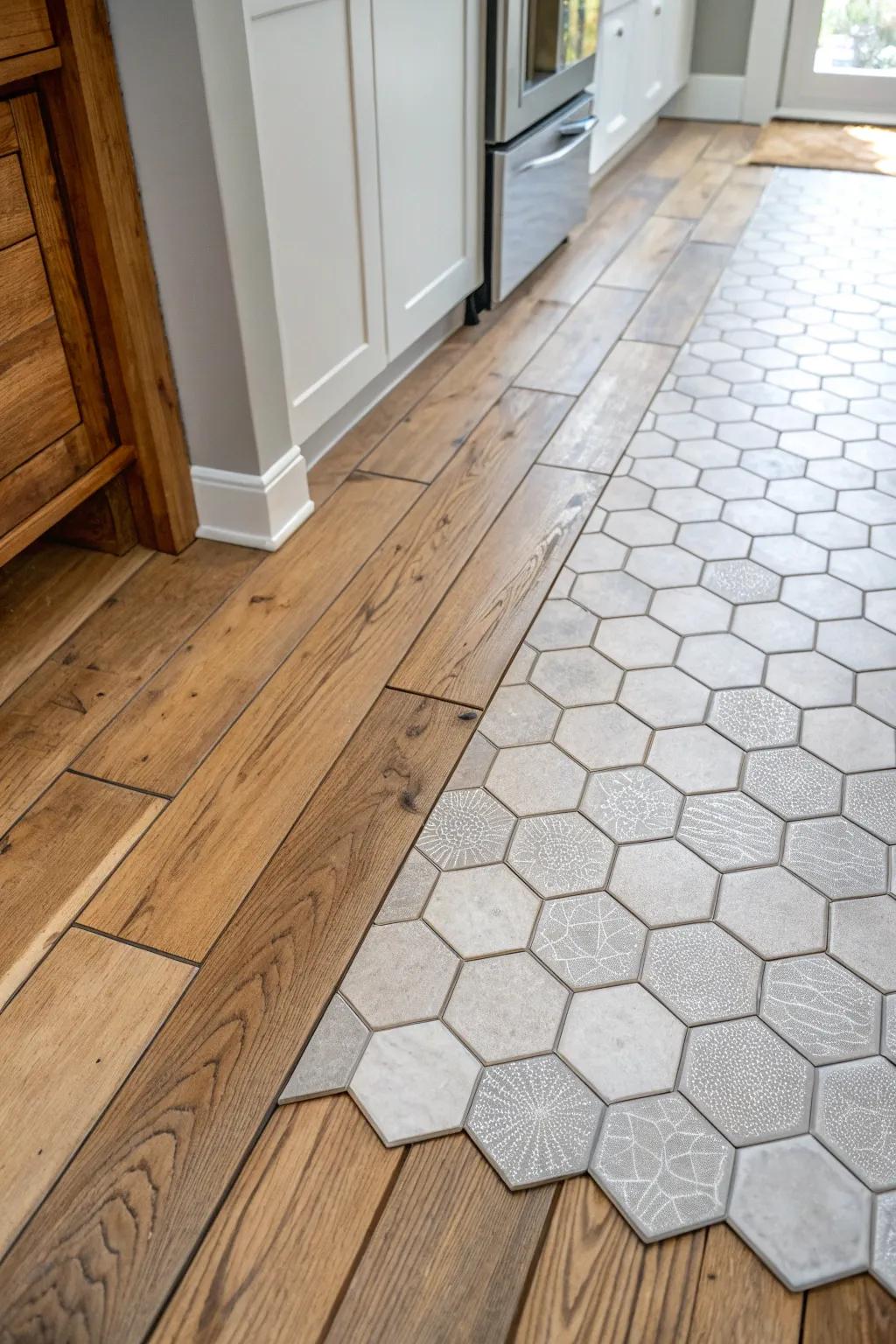 A kitchen space showcasing a unique shift from hexagonal tiles to wooden boards.