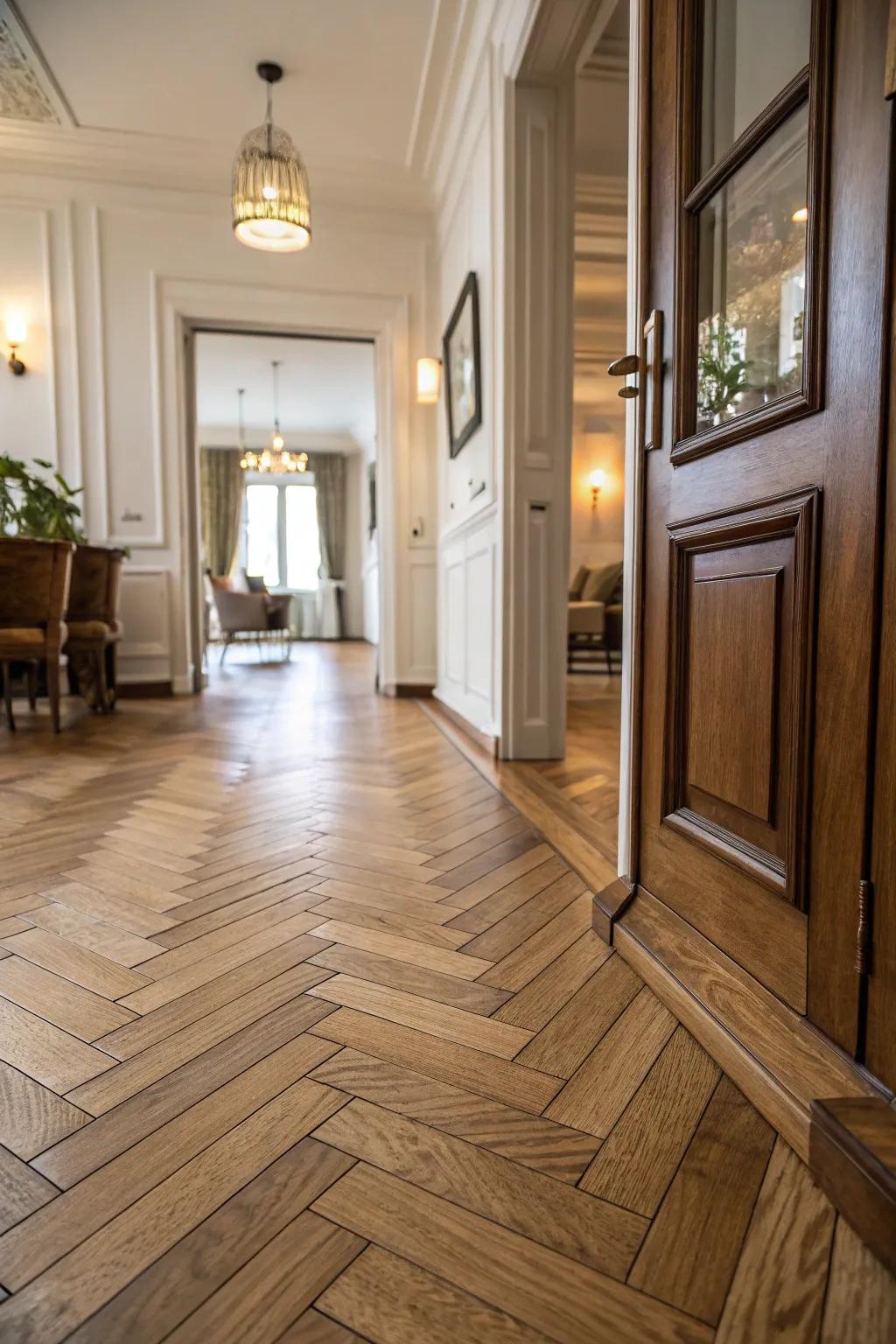 Herringbone designs ensure a consistent and graceful shift amidst differing floor types.