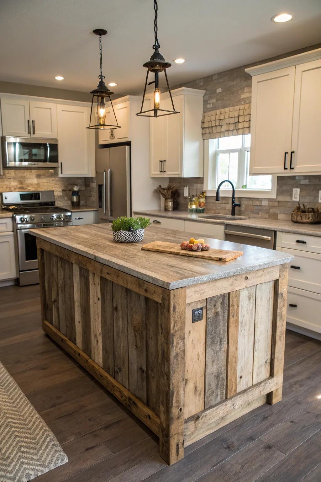 An island made of reclaimed wood gives any modern kitchen warmth and personality.