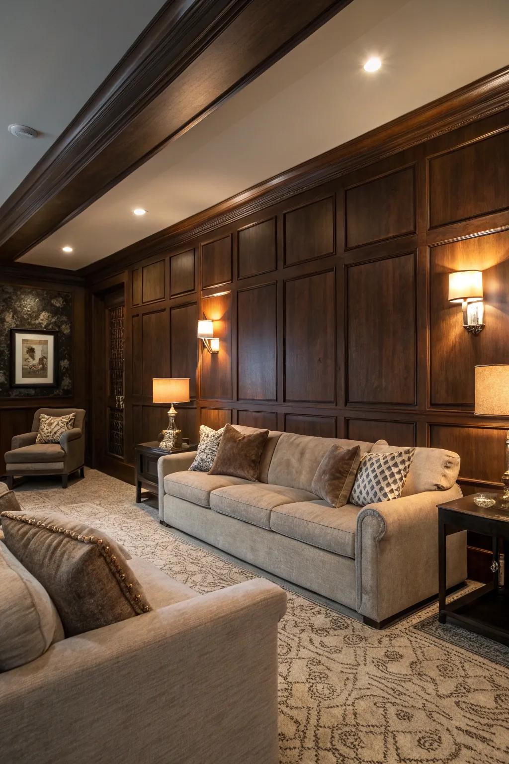 A wood-clad accent wall injects a cozy element into any living area.