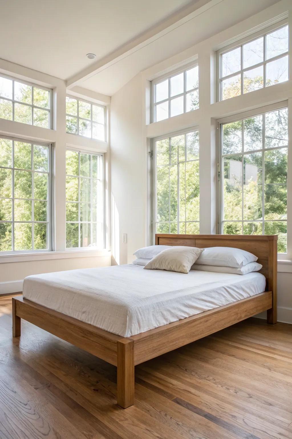 A minimalist wood bed design that excels in a clutter-free bedroom.