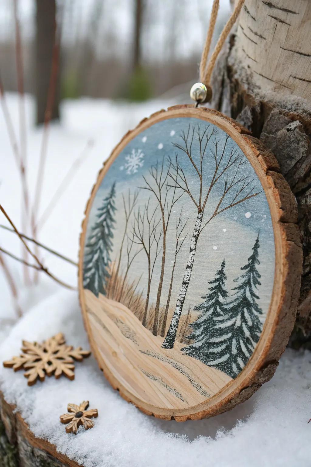 A hand-painted winter haven on a wooden disk ornament.